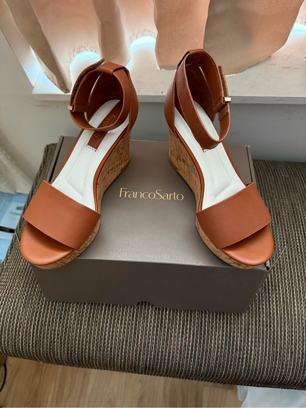Franco Sarto Cognac Tan Cork Ankle-Strap Wedge Sandals
